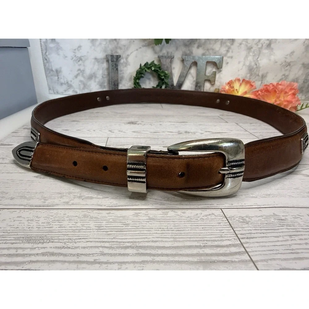 Vintage Brown Silver Tone Buckle Mens Belt Top Grain Leather Size 42 Fits to 44